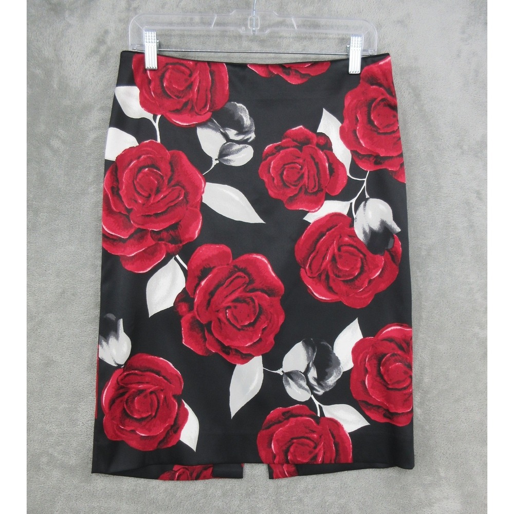 White House Black Market Skirt Womens Size 6 Red Rose Satin Pencil Whimsigoth